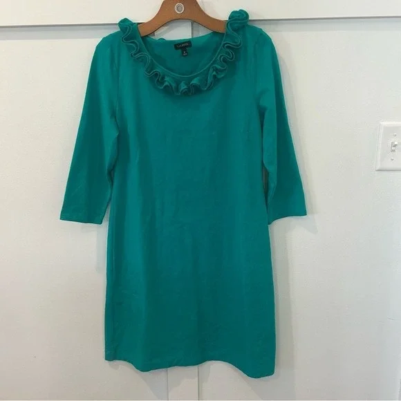 Talbots Dress Turquoise Ruffle Neckline Cotton 3/4 Sleeve Casual Colorful SZ M - Picture 1 of 7